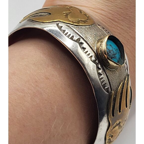 12K GF Native American Turquoise Bear Paw Sterling Bracelet Bangle 38g 2.5in dia - Picture 3 of 5